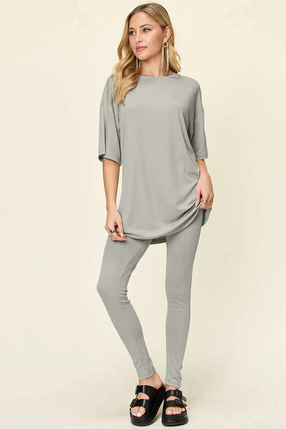 Double Take Full Size Round Neck T-Shirt and Leggings Set