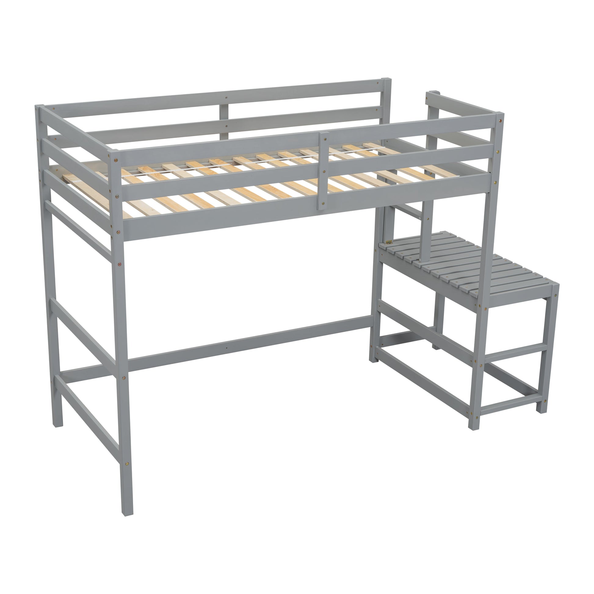 Twin High Loft Bed with Ladder landing Platform, Ladders, Guardrails,Grey - Korvel