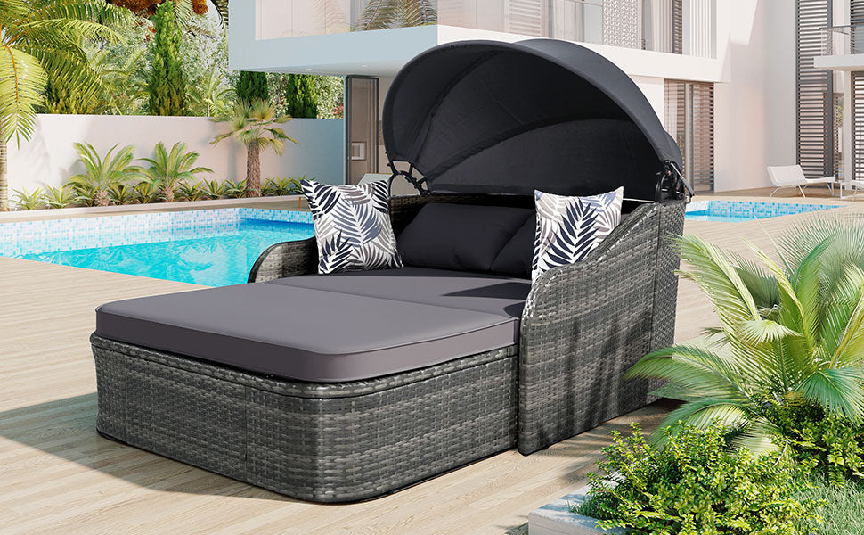 GO 79.9" Outdoor Sunbed with Adjustable Canopy, Double lounge, PE Rattan Daybed, Gray Wicker And Cushion - Korvel