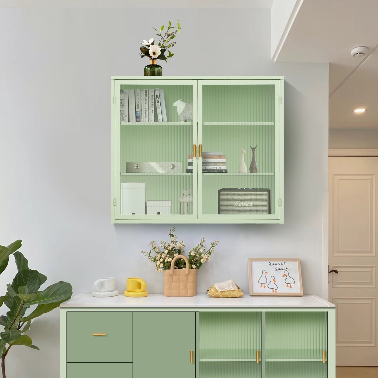 27.56"Glass Doors Modern Two-door Wall Cabinet with Featuring Three-tier Storage Mint Green - Korvel