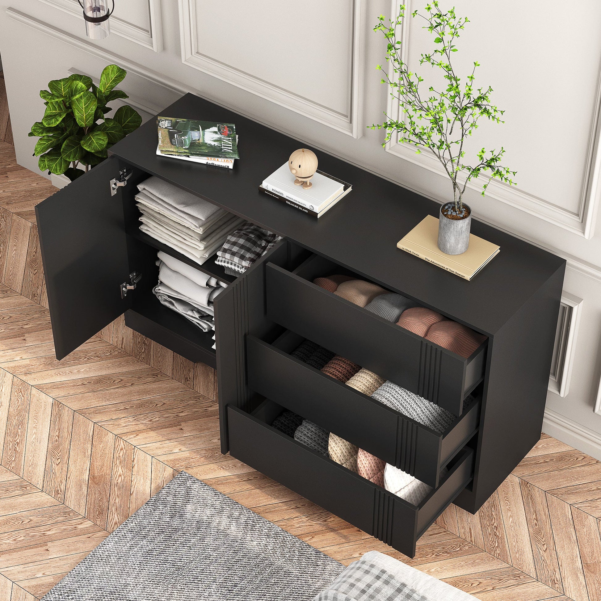 Modern kitchen buffet lockers with storage space, drawers and doors, and a large coffee bar with adjustable kitchen shelves - Korvel