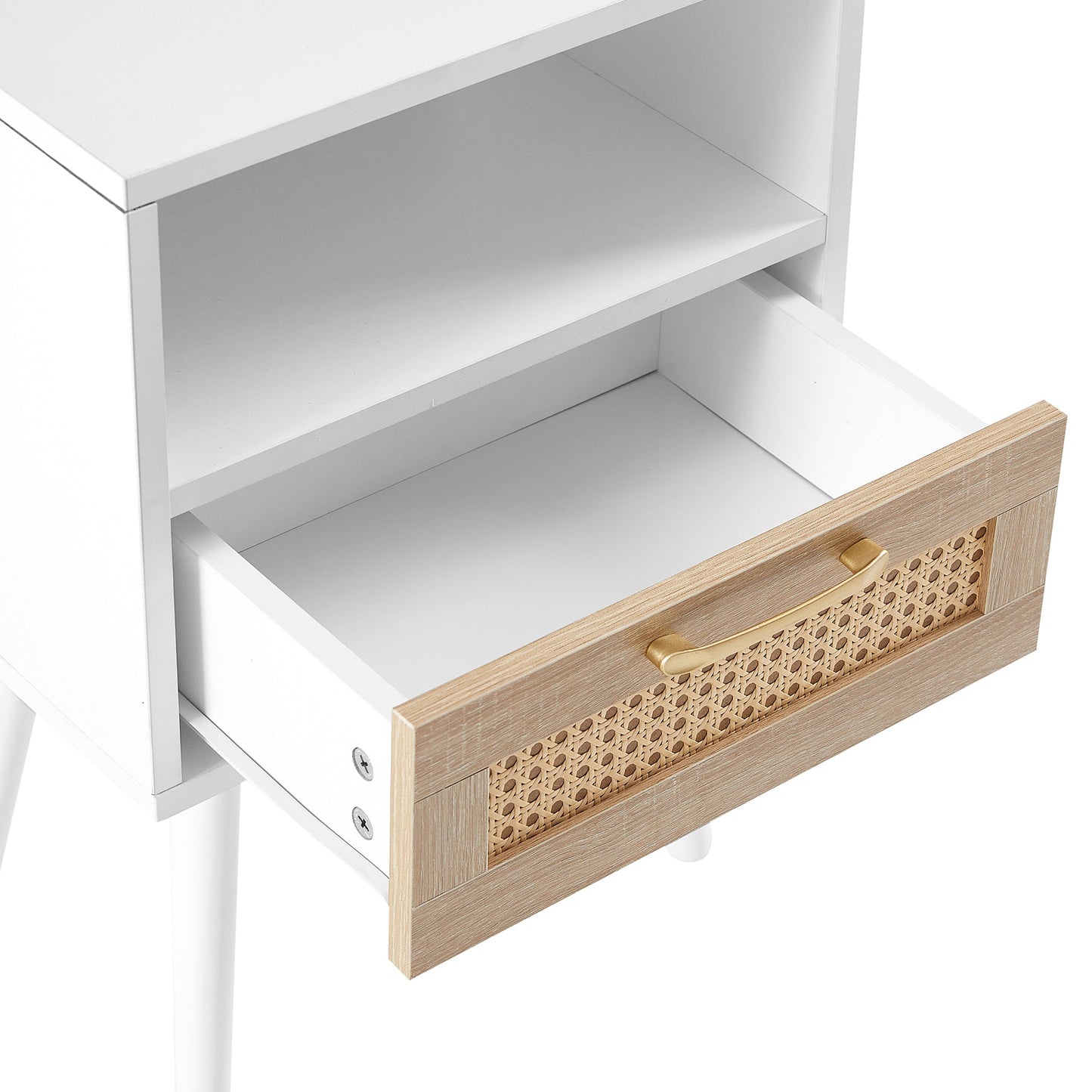 Table d'appoint en rotin blanc de 15,75" avec tiroir et pieds en bois massif