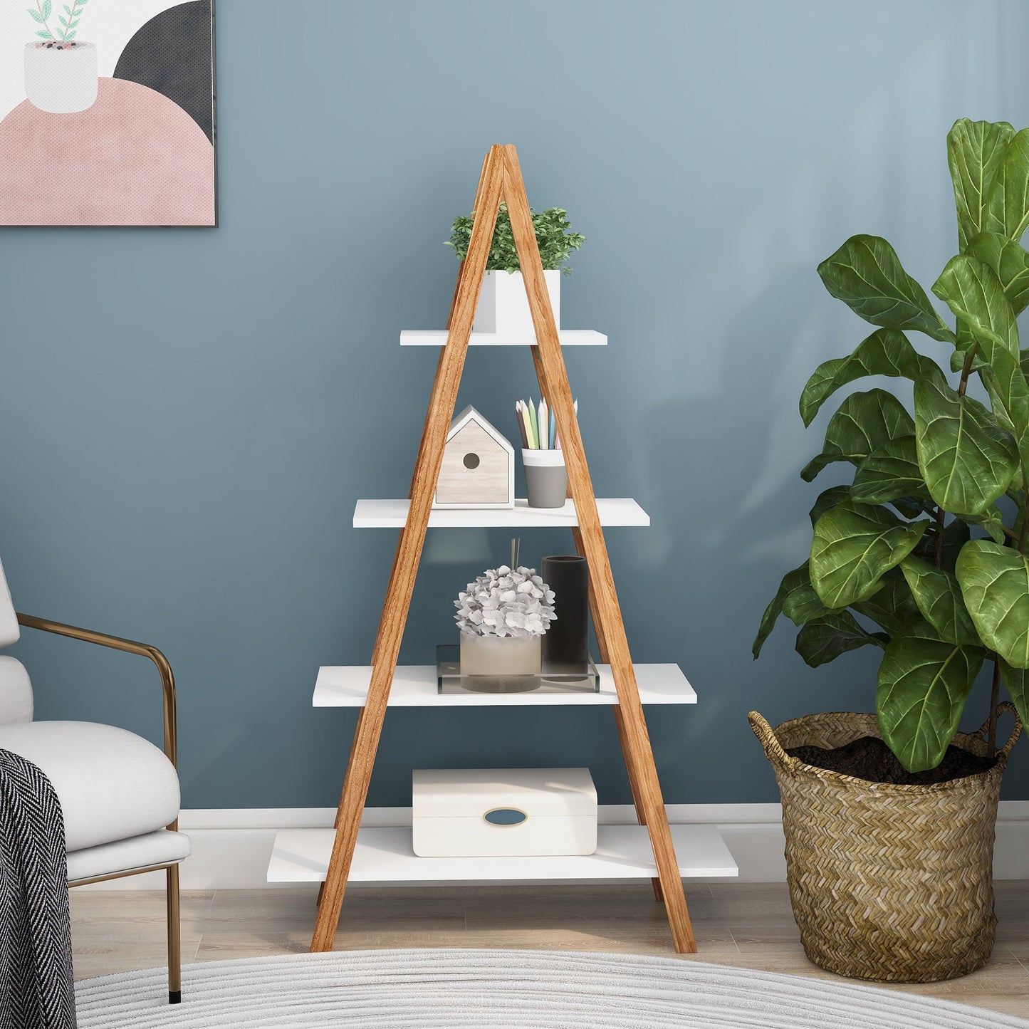 Solid bamboo wood oxford “A”frame ladder display bookshelf - Korvel