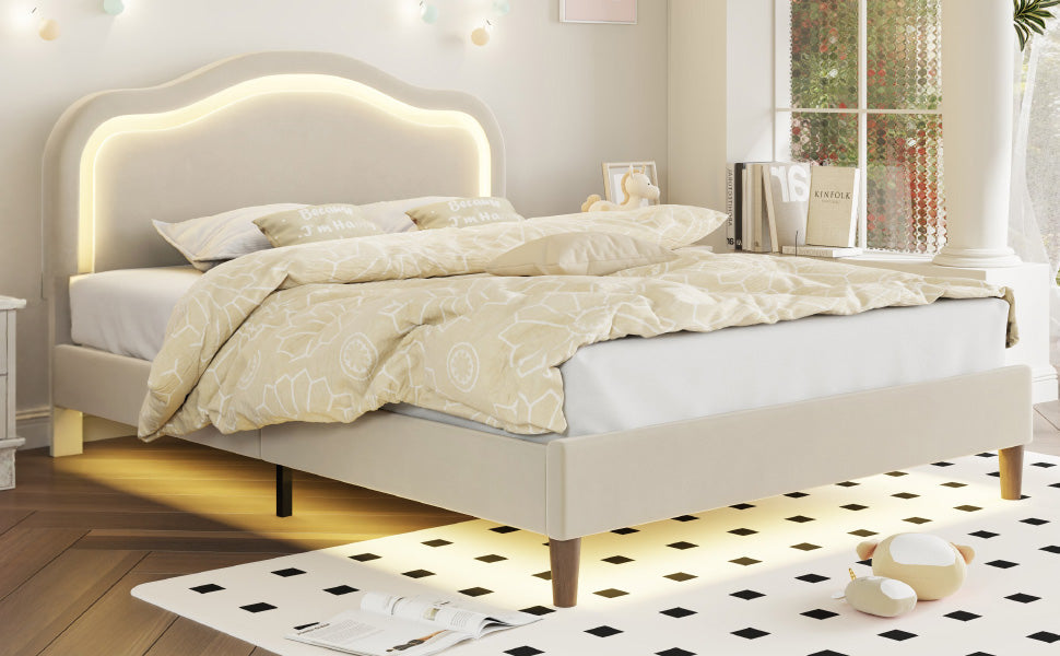 Full Size Velvet Upholstered Smart LED Bed Frame with Adjustable Height Headboard,No Box Spring Needed,Easy Assembly,Beige - Korvel