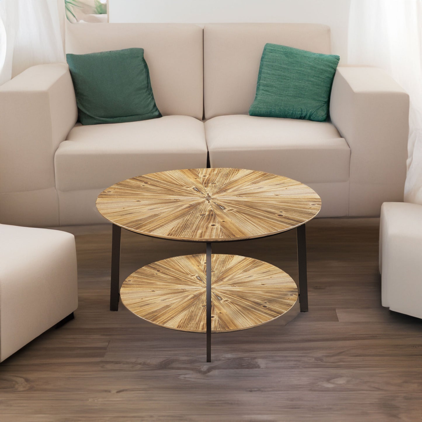 31.5 "Round Coffee Table Stand Wooden Double Layer Coffee Table with Open Storage Space and Metal Table Legs - Korvel
