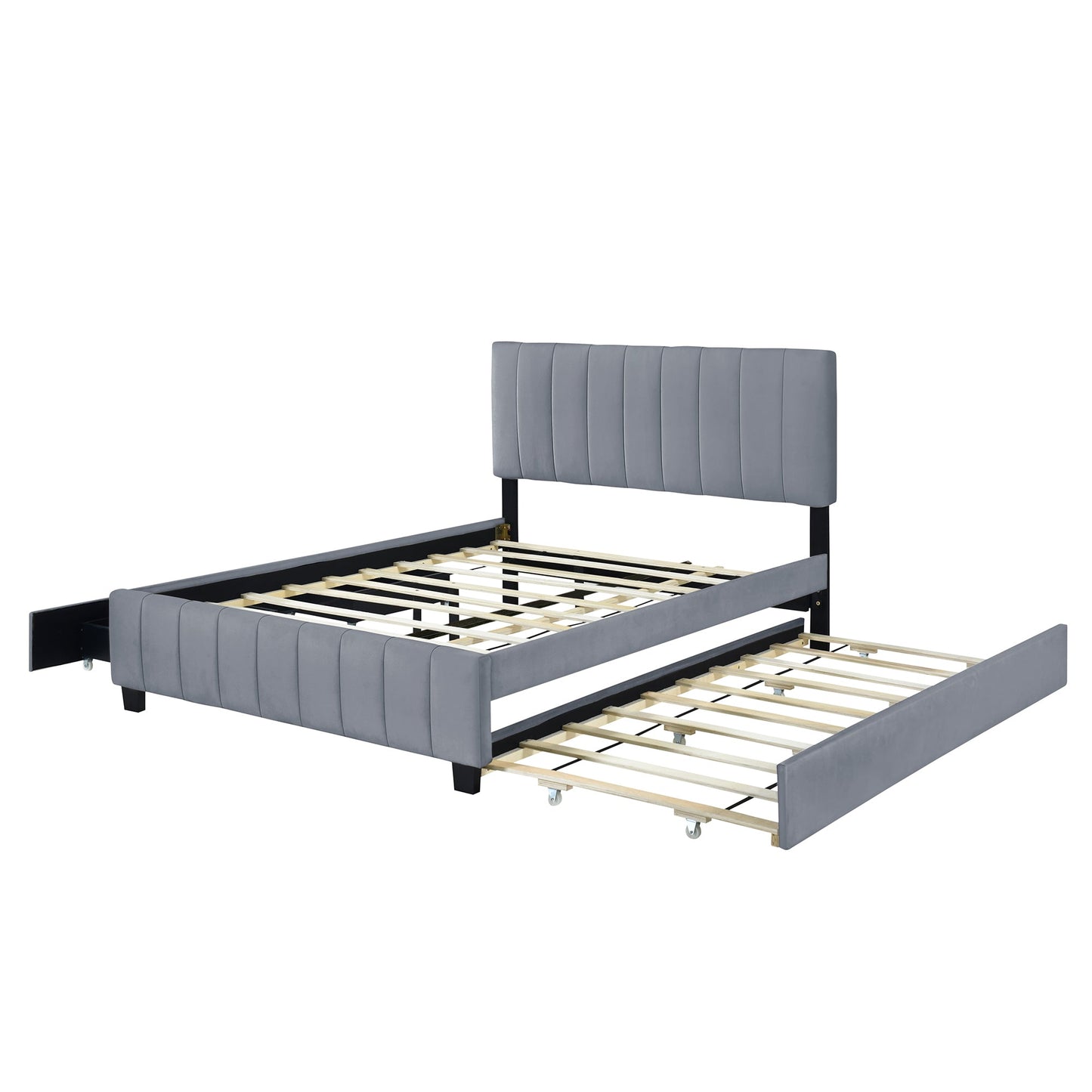 Queen Size Velvet Upholstered Platform Bed with 2 Drawers and 1 Twin XL Trundle- Gray - Korvel