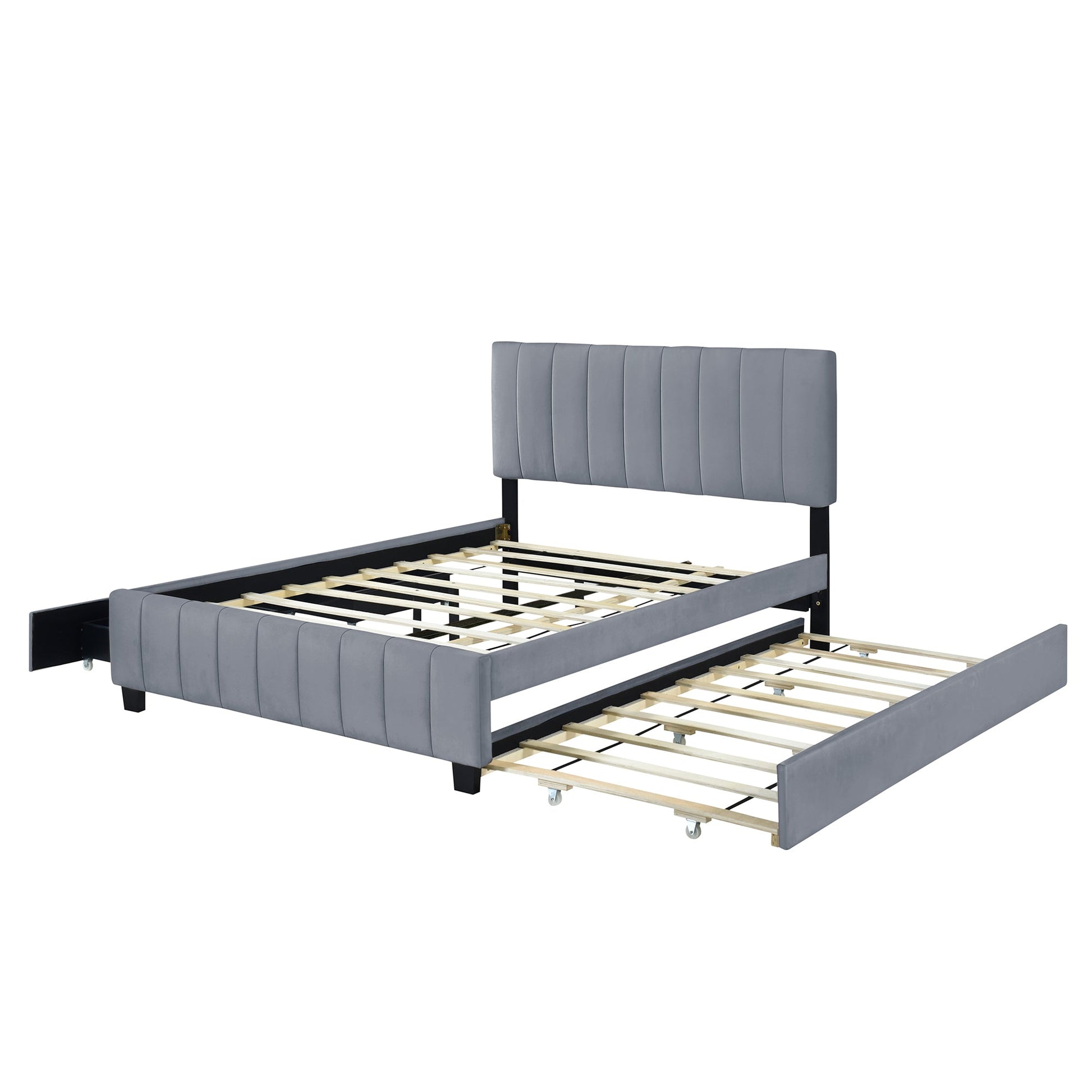 Queen Size Velvet Upholstered Platform Bed with 2 Drawers and 1 Twin XL Trundle- Gray - Korvel