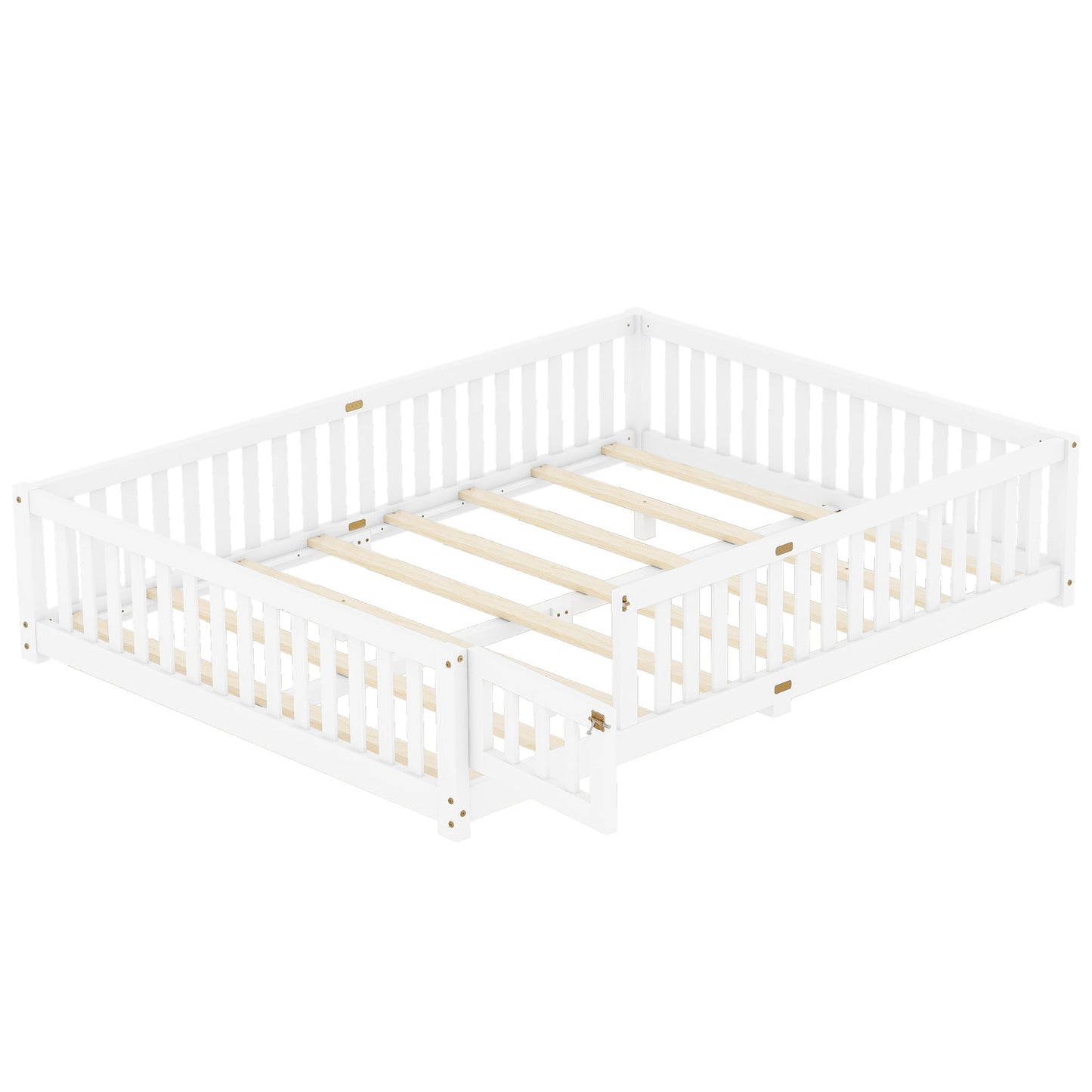 Queen Size Bed Floor Bed with Safety Guardrails and Door for Kids, White - Korvel