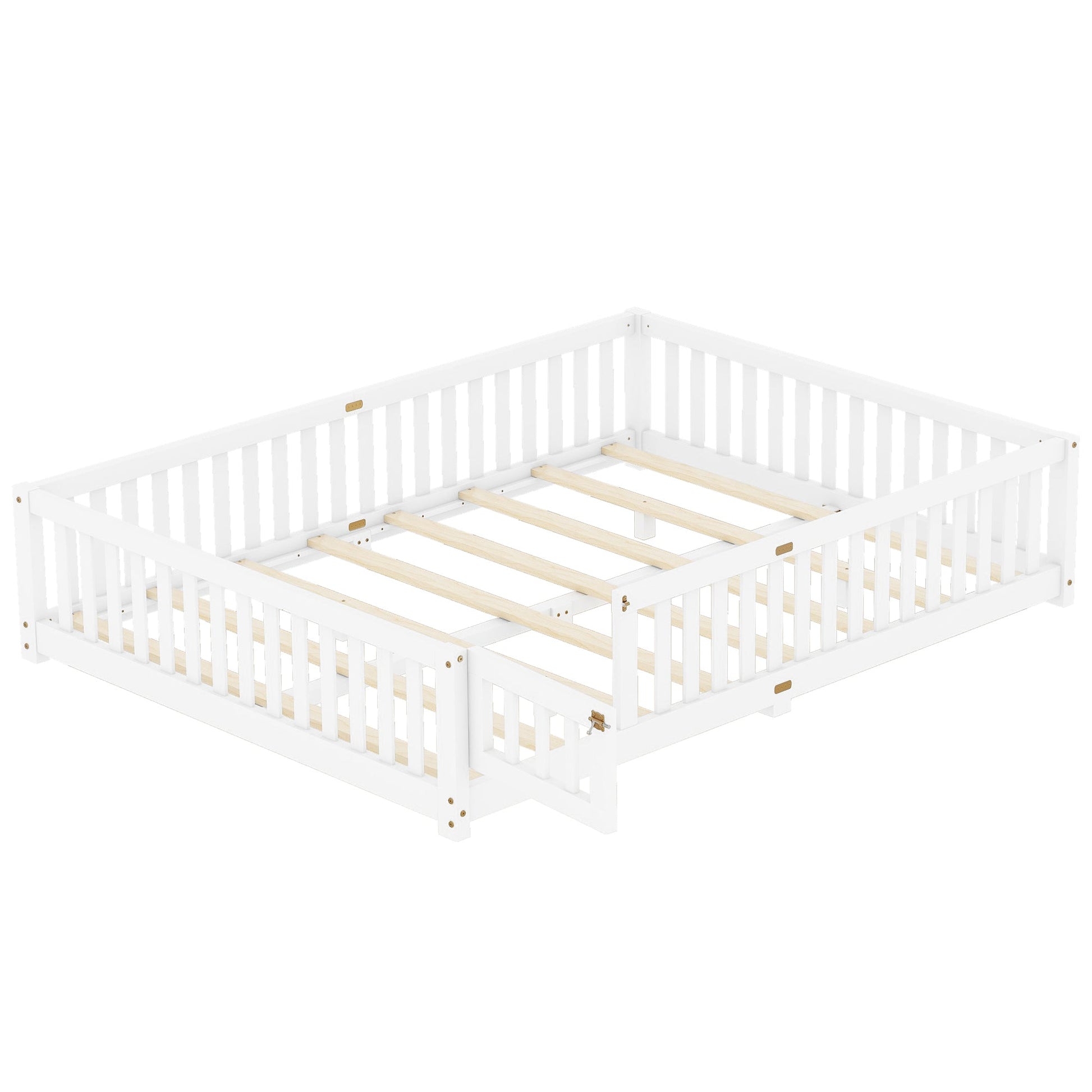 Queen Size Bed Floor Bed with Safety Guardrails and Door for Kids, White - Korvel