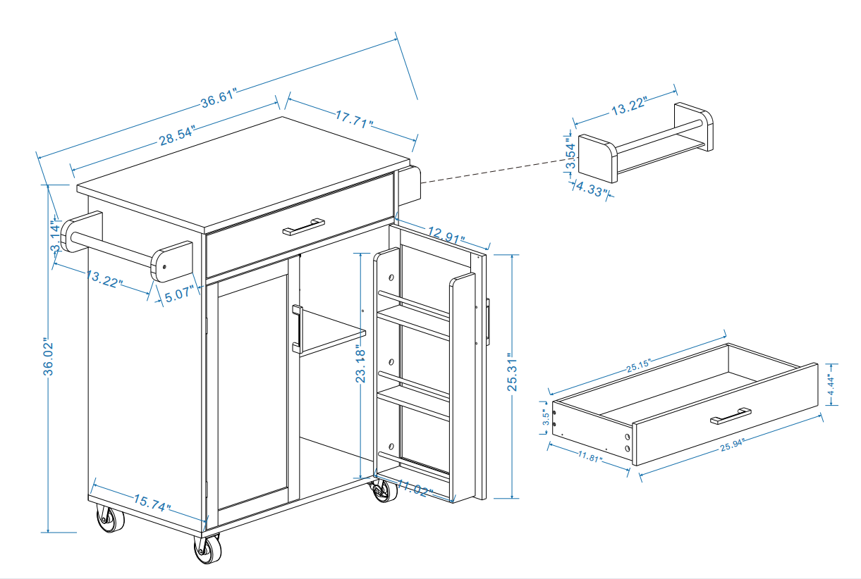 Kitchen island rolling trolley cart with 1 drawer & 2 doors with storage racks & Adjustable Shelves & towel rack - Korvel