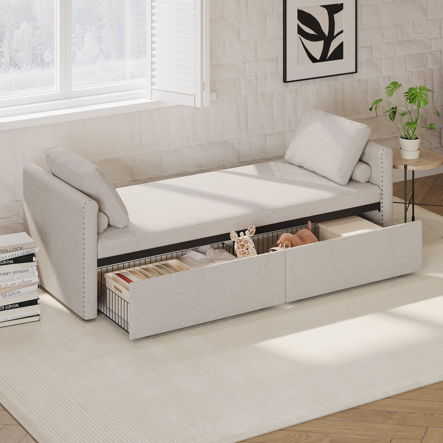 Fauteuil-lit moderne beige avec tiroirs de rangement