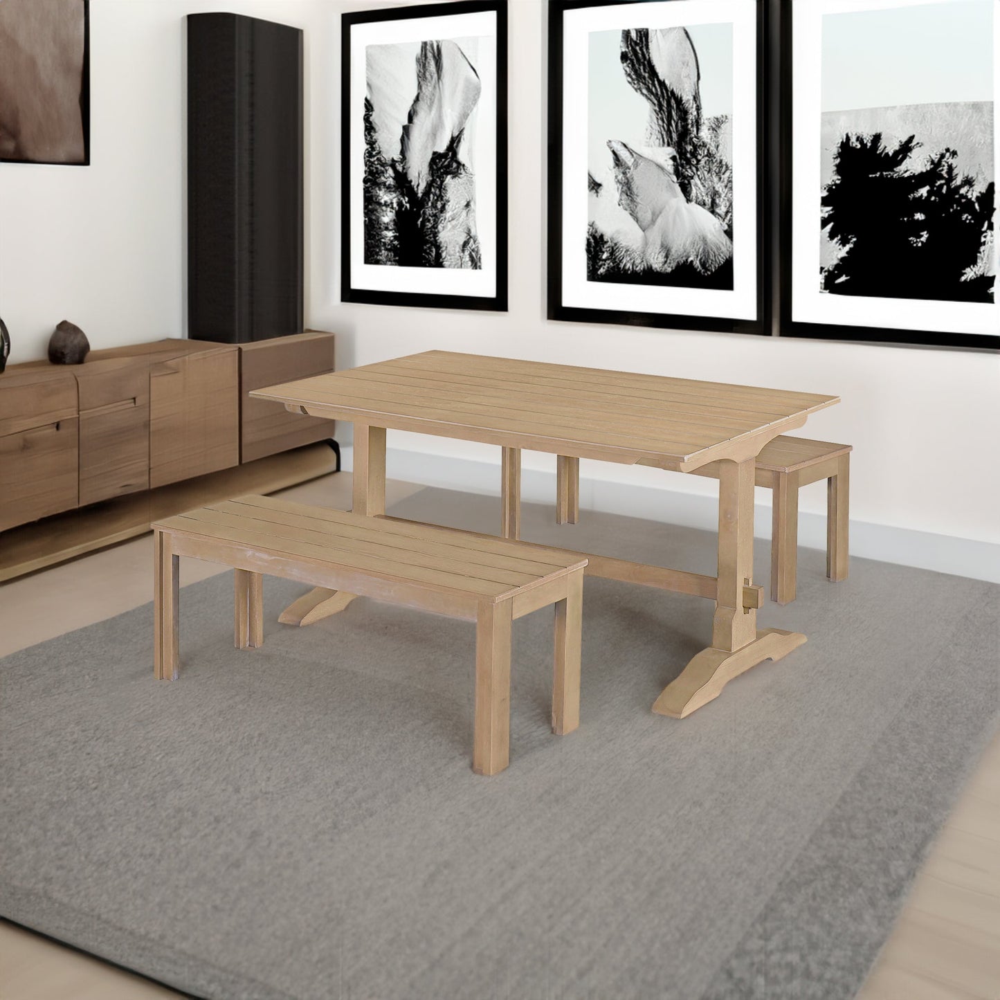 TREXM 3-piece retro dining table, rectangular stand table, and 2 4-person wooden stools (made of natural wood) - Korvel