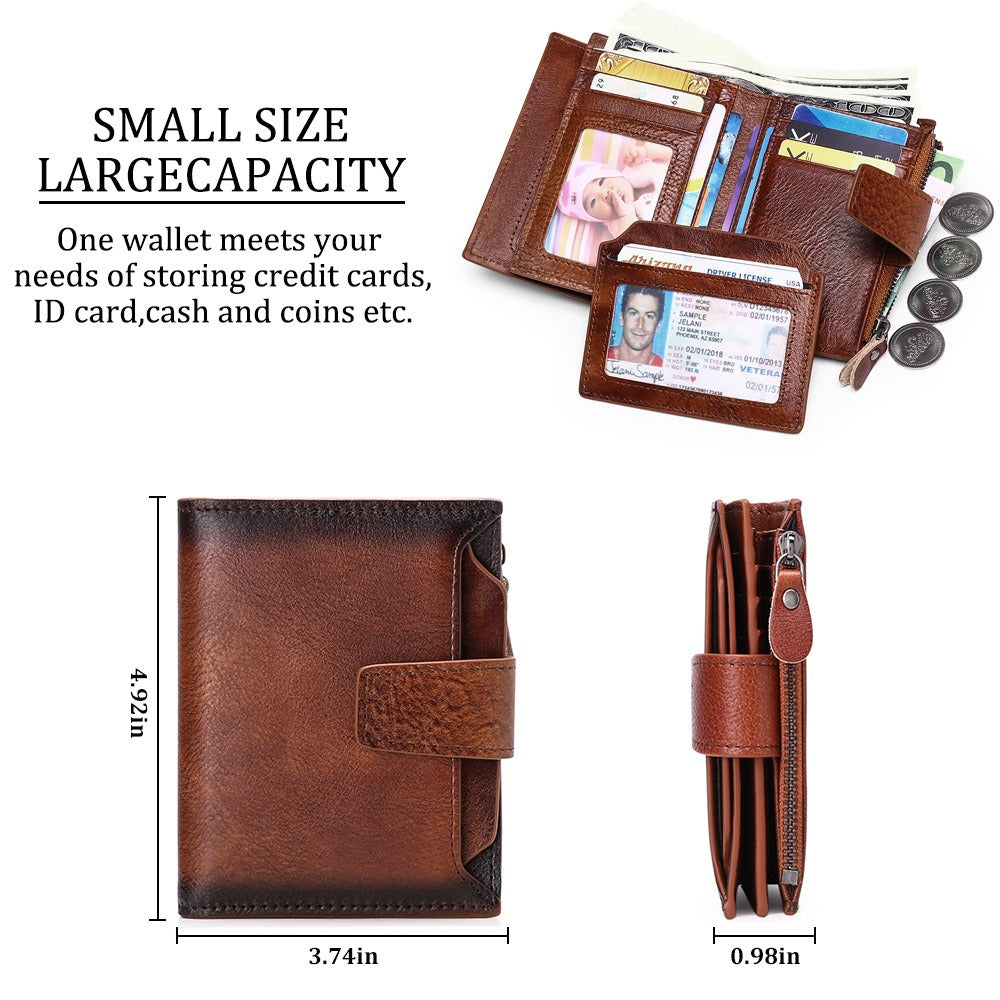 Men's short genuine leather wallet first layer cowhide Korean style fashion casual wallet driver's license wallet father's day gift - Korvel