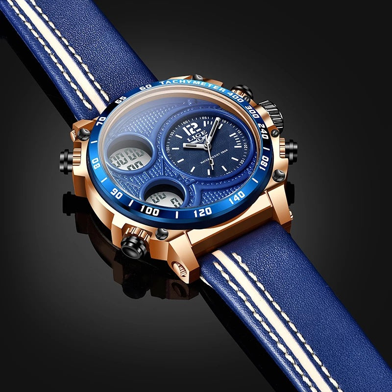 Lige Business Electronic Watch Dual Display Multi Function Low Cost Watch Men's Sports Waterproof Watch - Korvel
