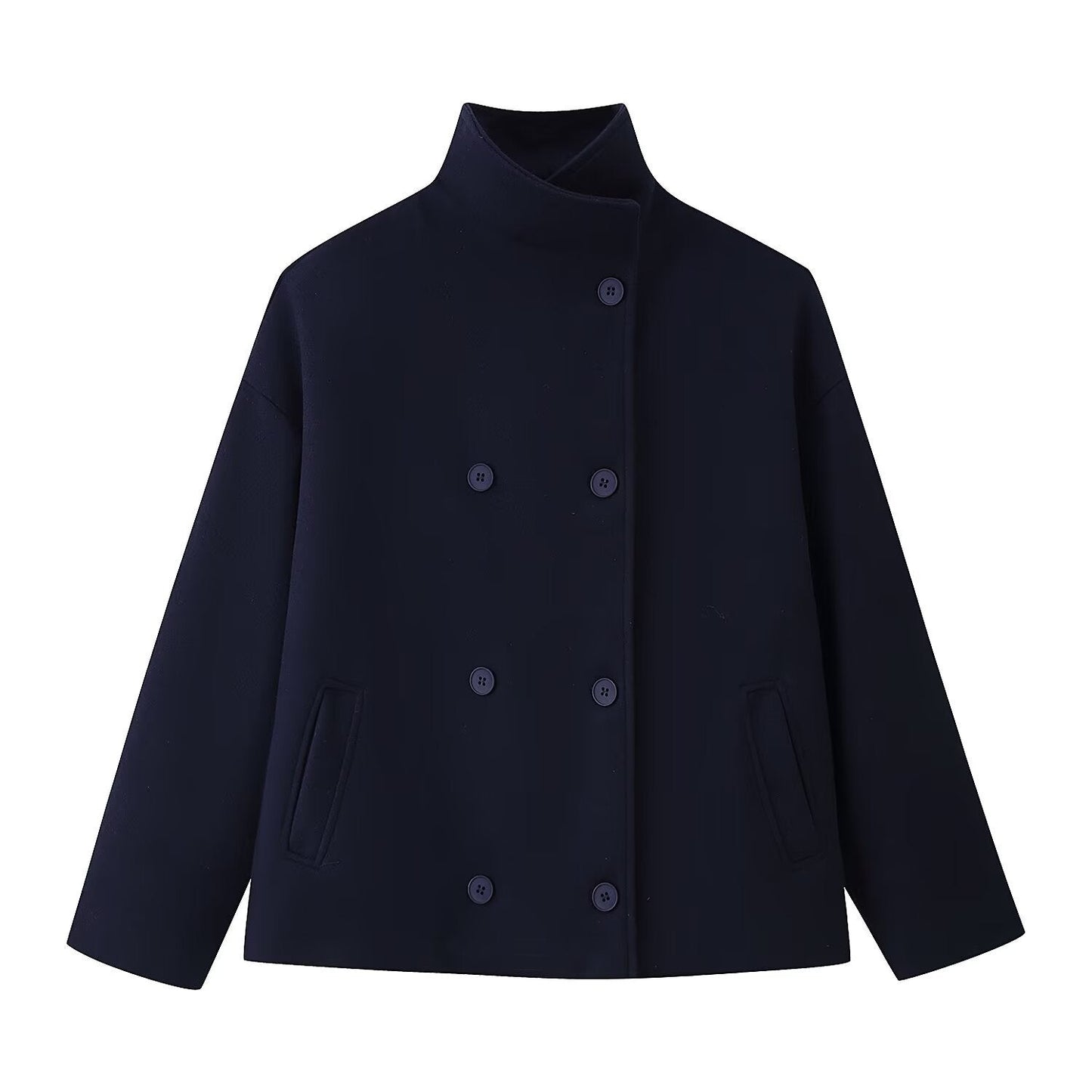 Womens Short Wool Coat with Stand Collar and Double-Breasted Buttons