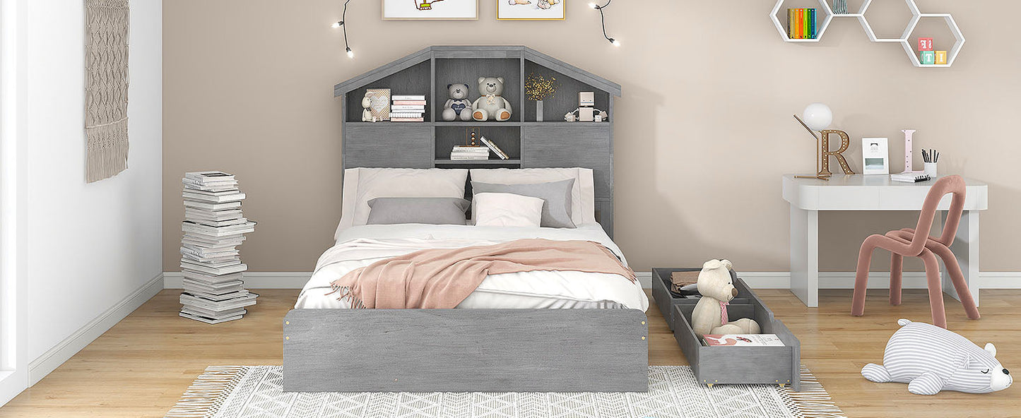 Full Size Wood Platform Bed with Storage Headboard - Gray