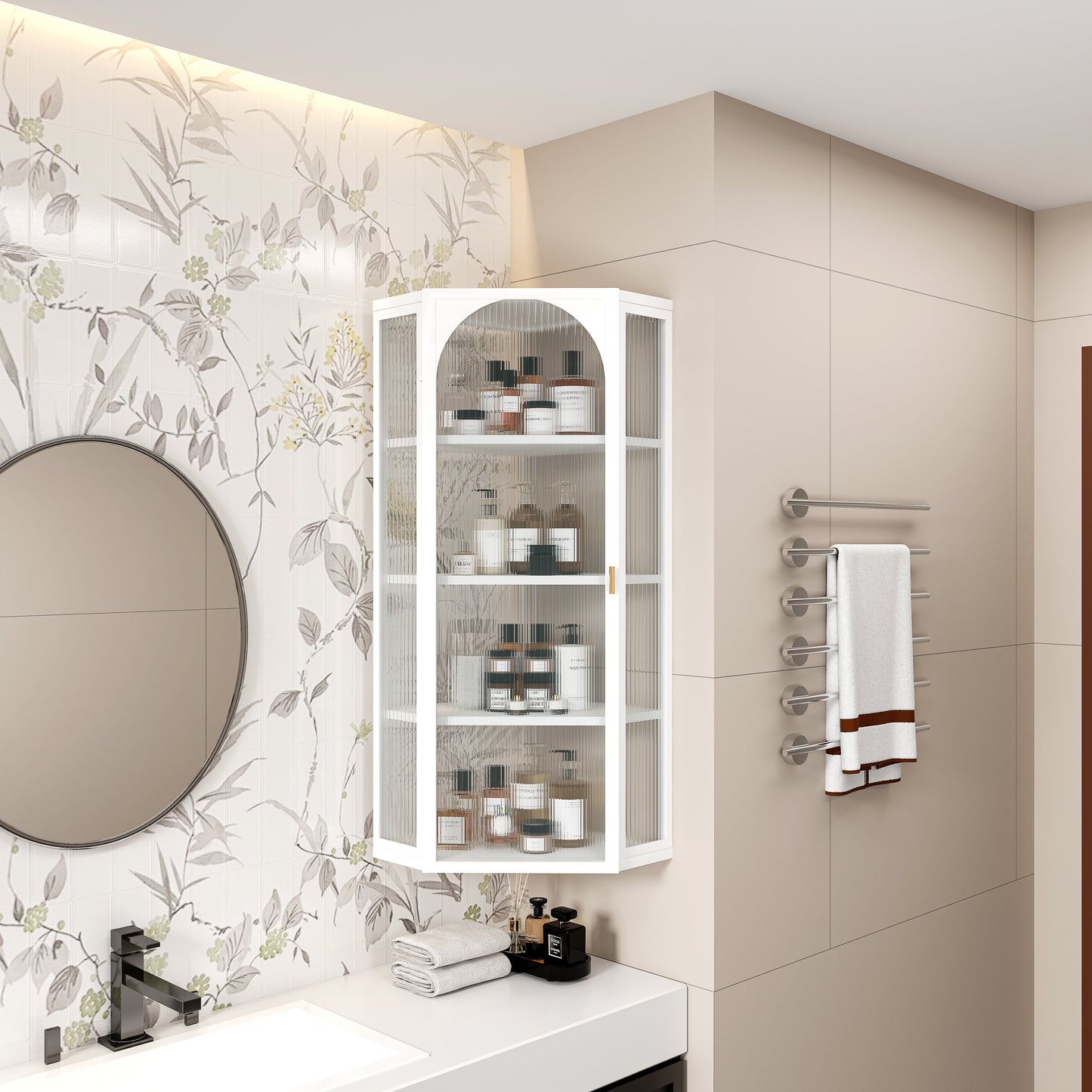 Glass Door Wall Mounted Corner Cabinet with Featuring Four-tier Storage  White - Korvel