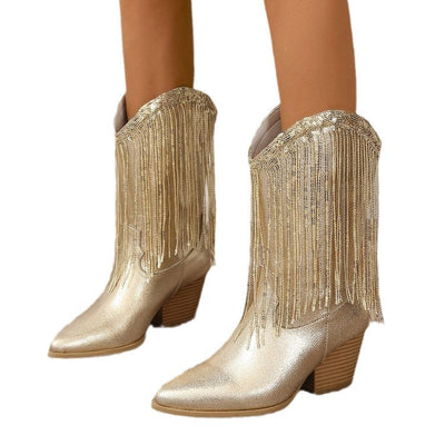 Women Vintage Chunky Heel Wrinkled Slip-on V-Opening Western Cowboy Boots - Korvel