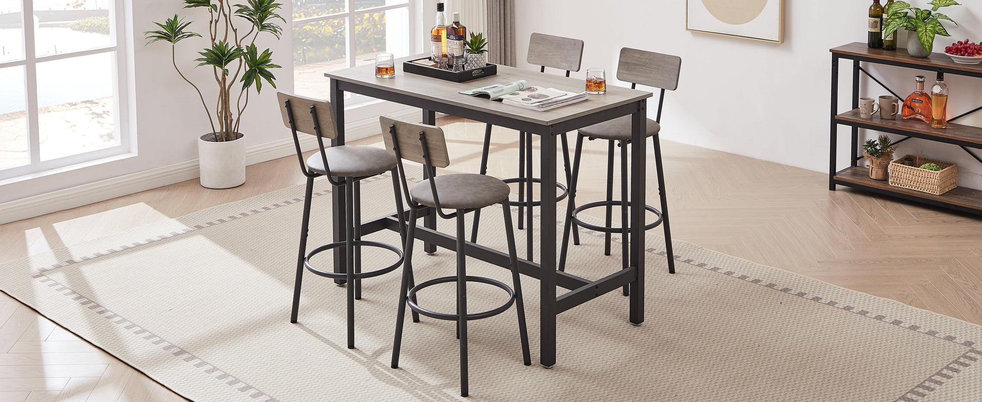 Bar Table Set with 4 Bar stools PU Soft seat with backrest Grey 47.24'' L x 23.62'' W x 35.43'' H - Korvel