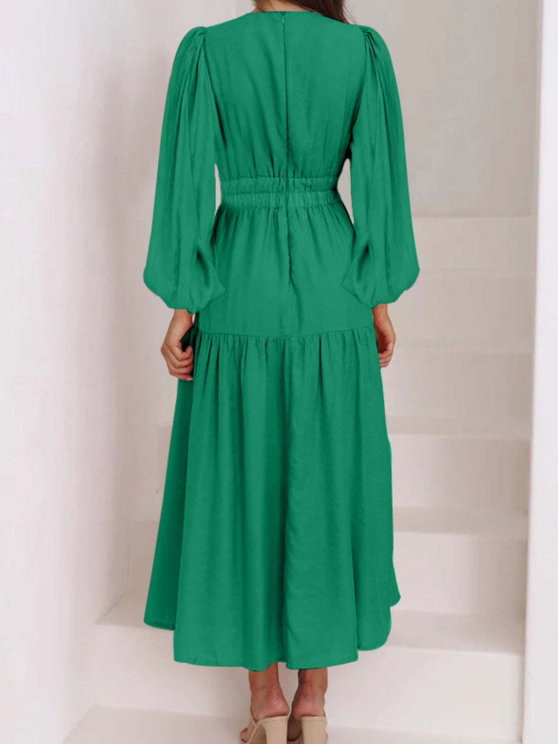Elegant Lightweight Deep V-Neck Balloon Sleeve Maxi Dress