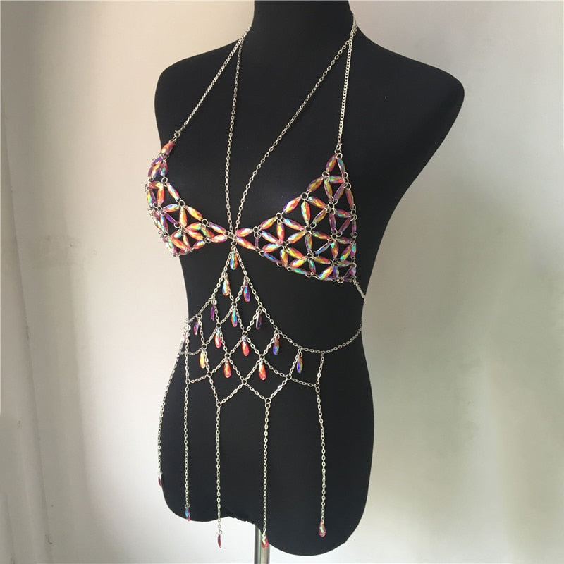 Queen Bling Metal Tassel Details Tank Tops Festival Rave Clothing Summer Sexy Backless Rave Body Chain Beach Tops - Korvel