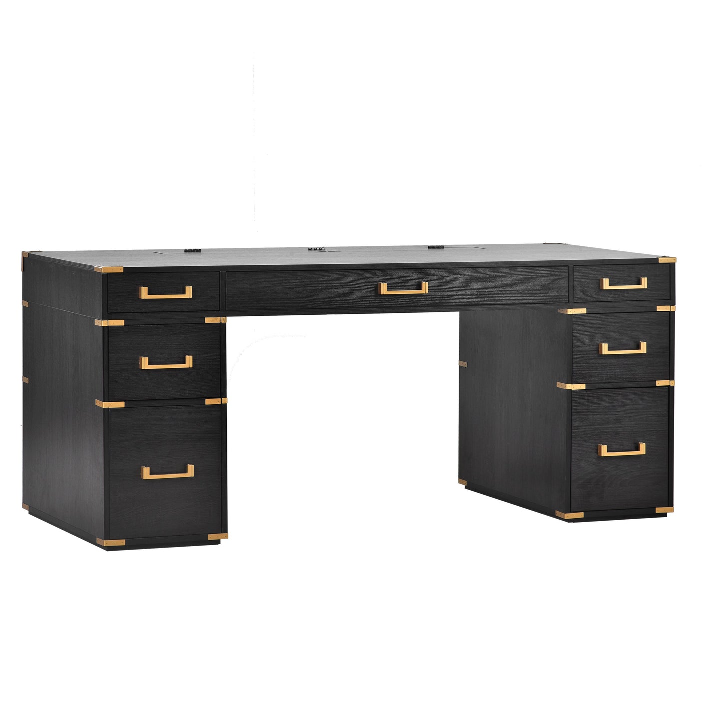 70 inch classic and traditional executive desk with metal trim, writing desk with 2 file drawers, USB ports, and sockets, black - Korvel