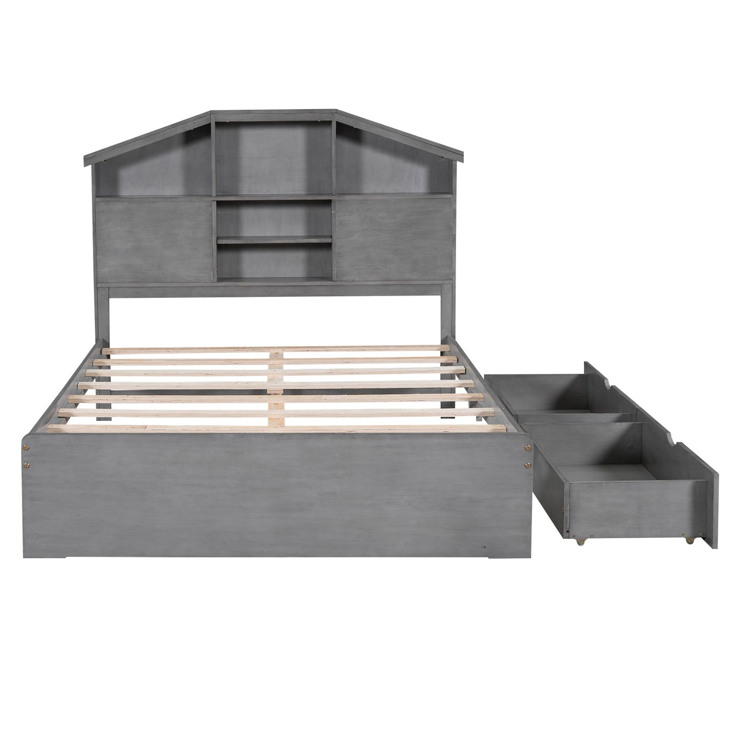 Full Size Wood Platform Bed with Storage Headboard - Gray