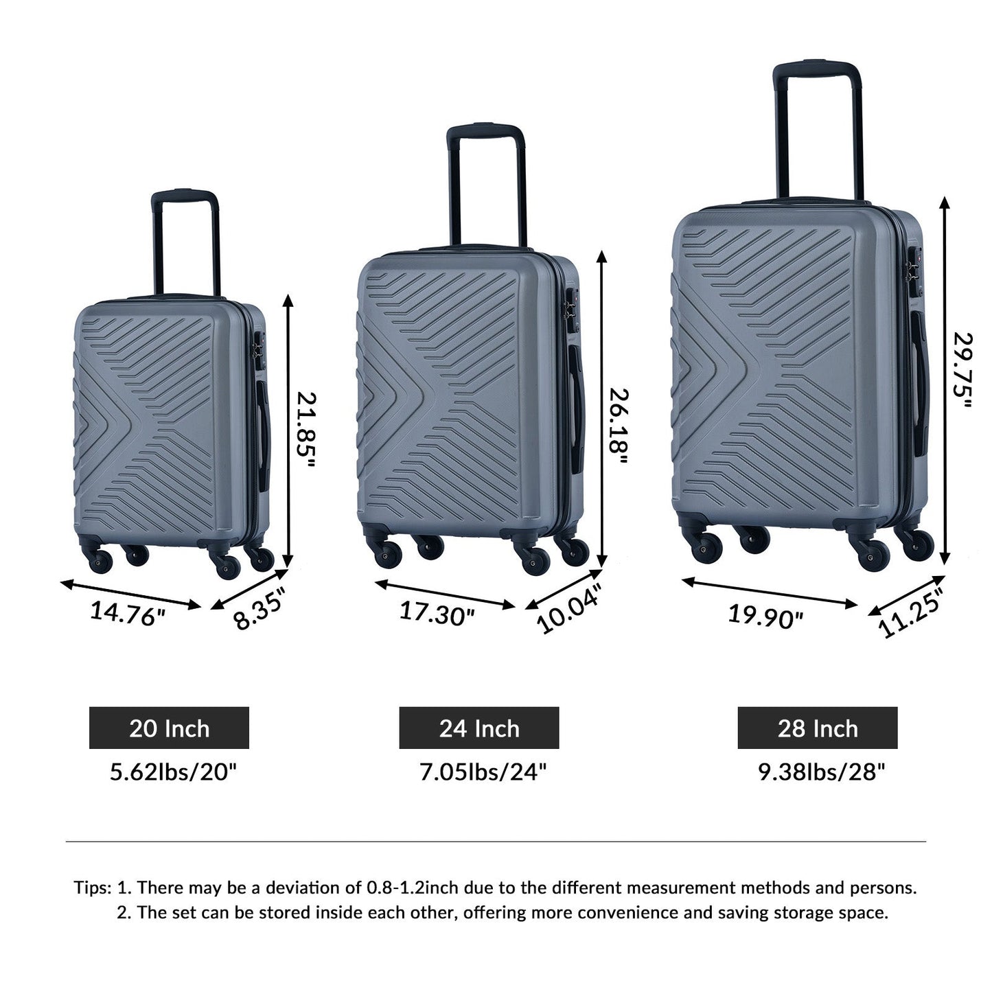 3 Piece Luggage Sets ABS Lightweight Suitcase with Two Hooks, Spinner Wheels, TSA Lock, (20/24/28) Gray - Korvel