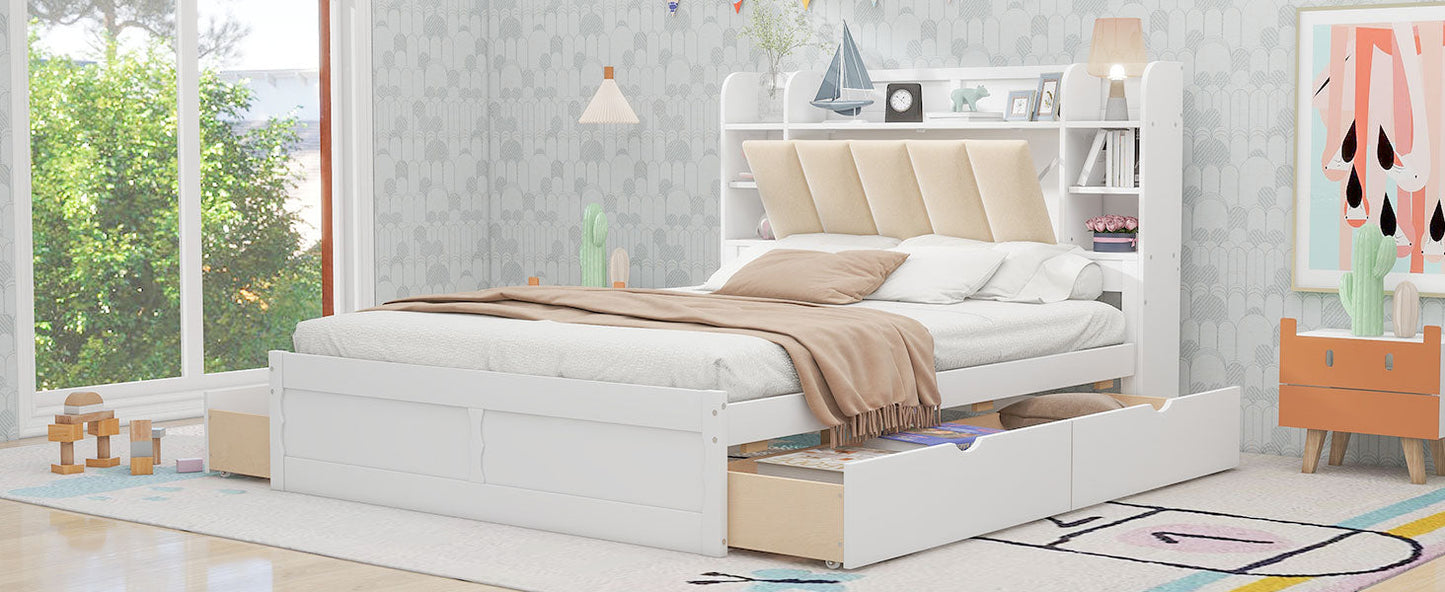 Wood Queen Size Platform Bed with Storage Headboard  Shelves and 4 Drawers  White - Korvel
