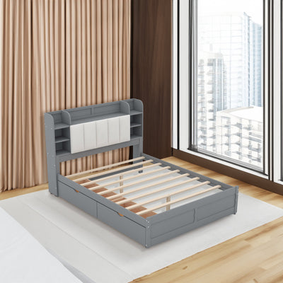 Wood Queen Size Platform Bed with Storage Headboard  Shelves and 2 Drawers  Gray - Korvel