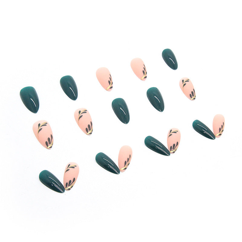 Almond Fake Nails with Green Leaves Design Elliptic Acrylic False Nails Wearable French Press on Nail Manicure Tips - Korvel