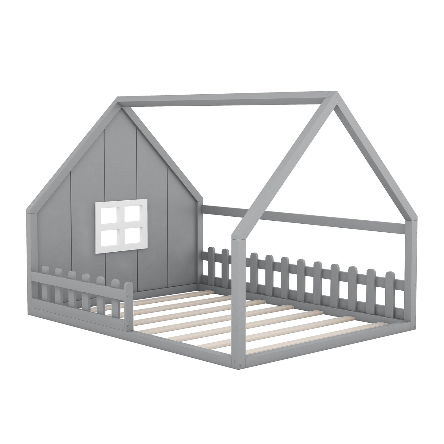 Full Size Wood House Bed with Window and Fence  Gray - Korvel
