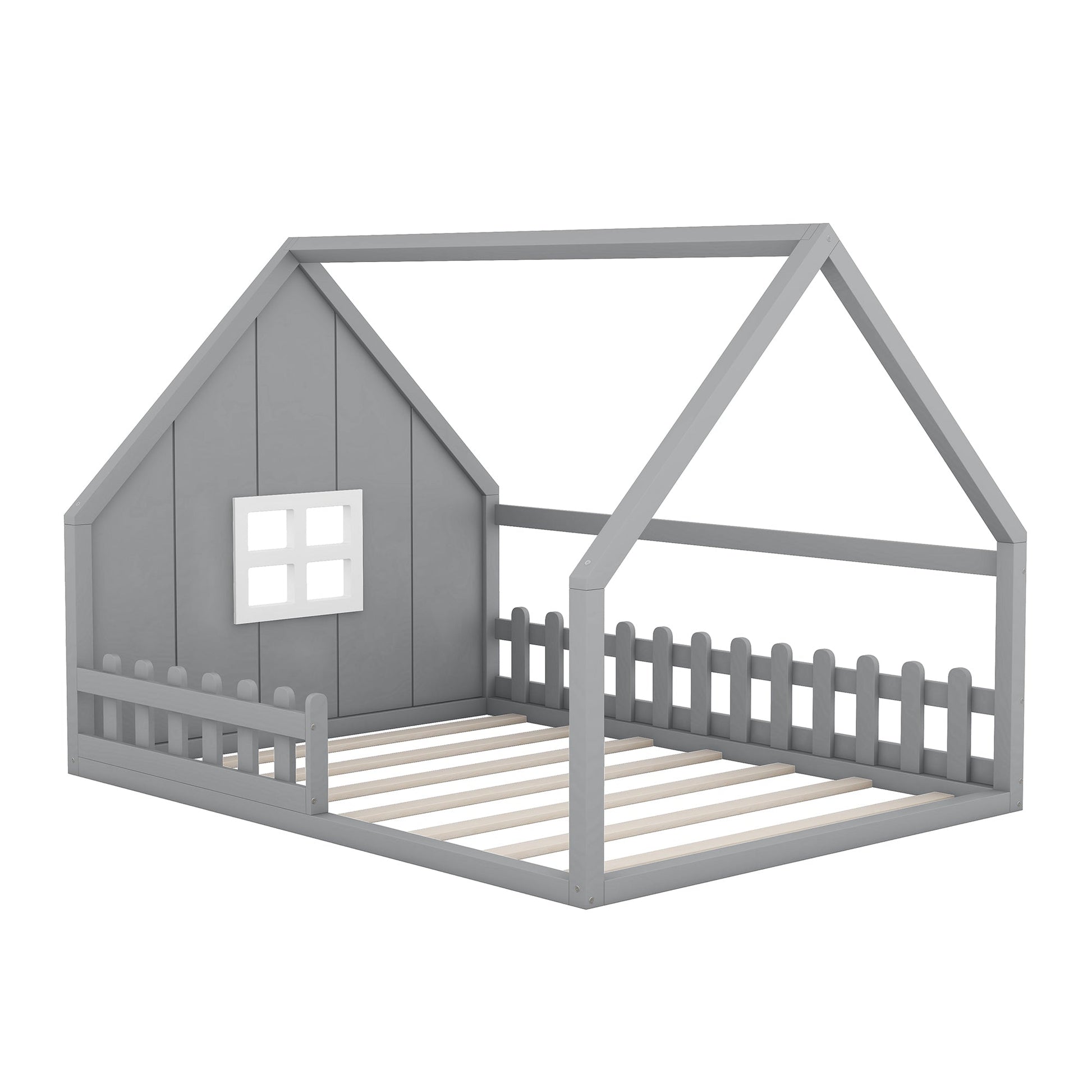Full Size Wood House Bed with Window and Fence  Gray - Korvel