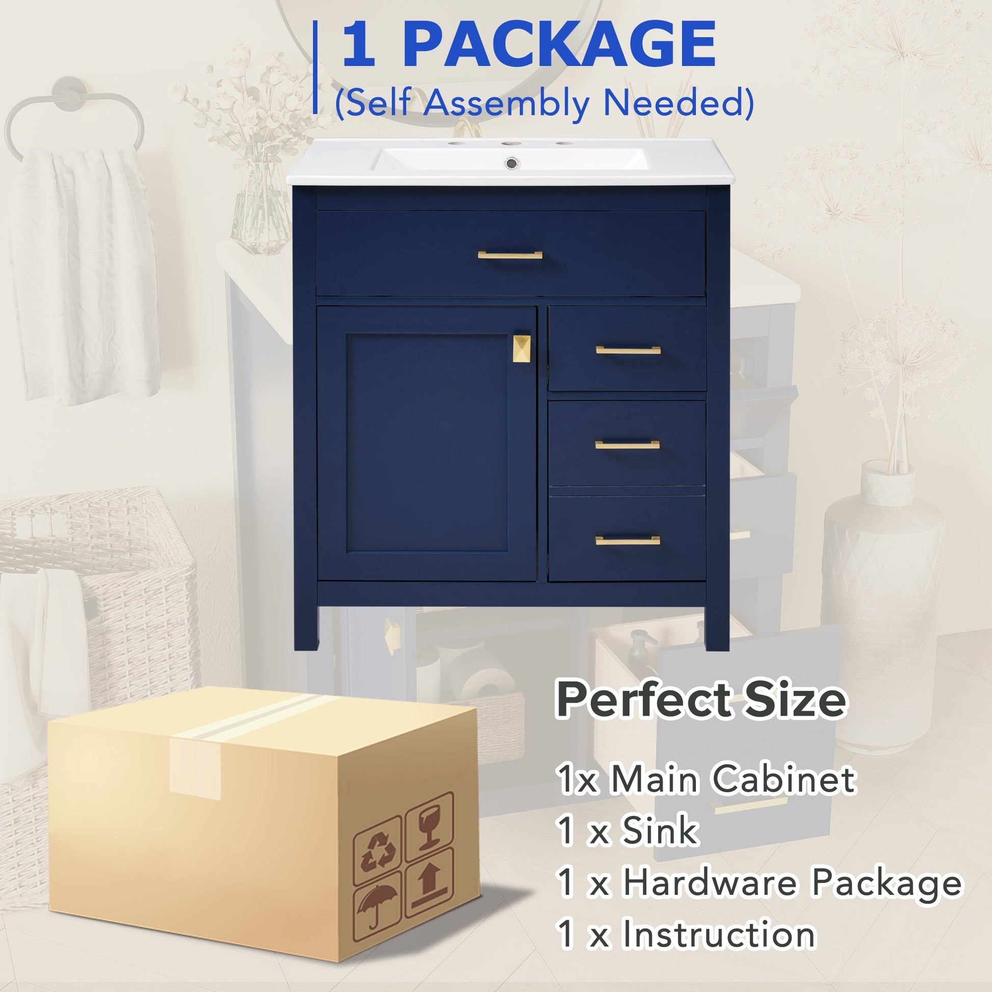 30-Inch Blue Bathroom Vanity with Ceramic Sink and Ample Storage - Ideal Choice for Small Bathrooms - Korvel