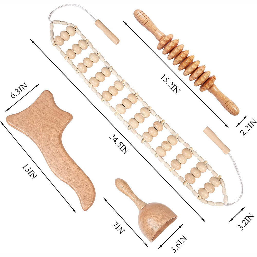 Beech wood therapy scraping cup, meridian dredging roller, tendon rolling stick, scraping board, head massager, massage set - Korvel