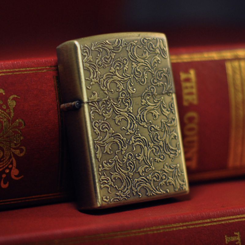 Retro Windproof Kerosene Lighter with Bronze Relief Design