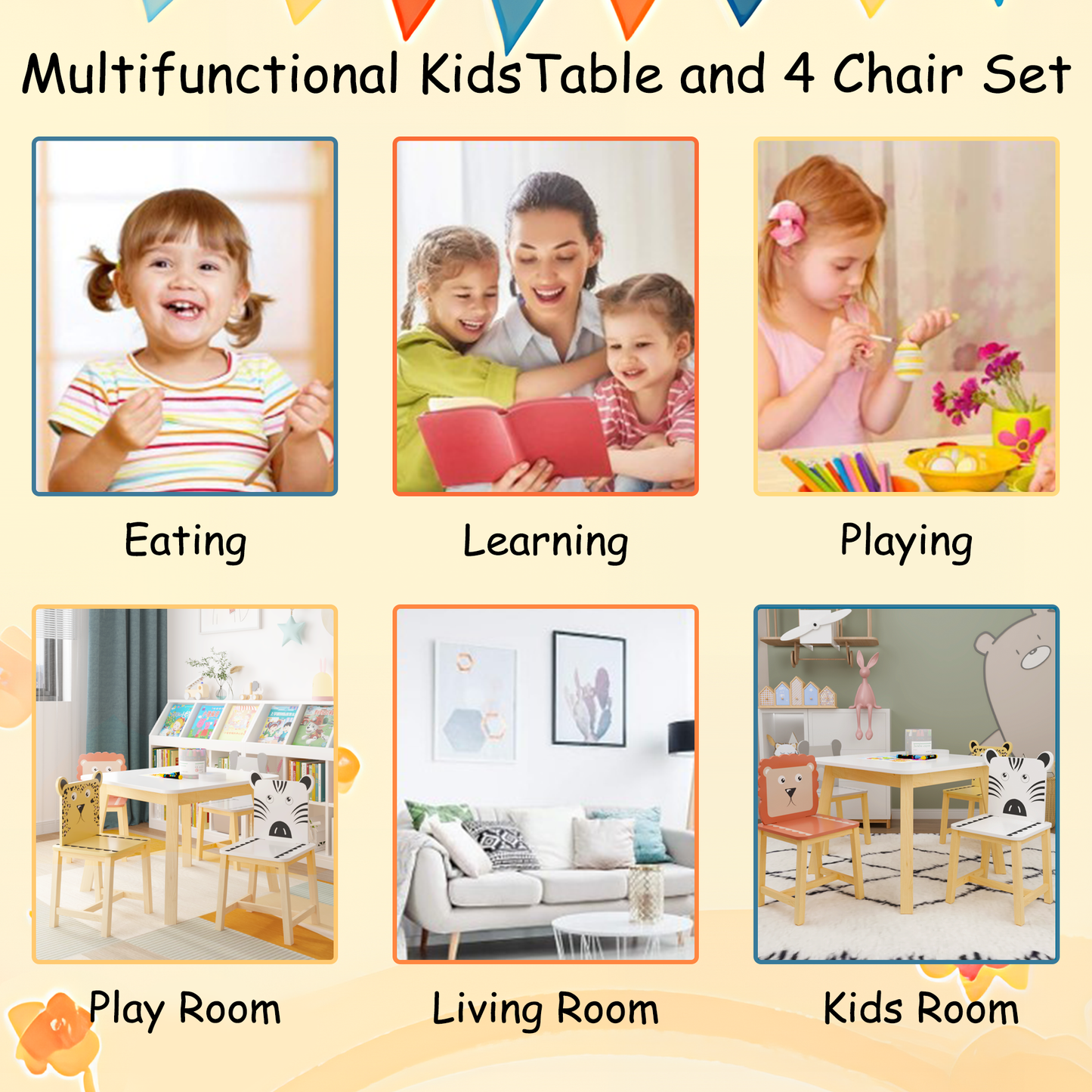 Juego de Mesa y Sillas para Niños de 5 Piezas - Mesa de Madera para Niños con 4 Sillas de Dibujos An