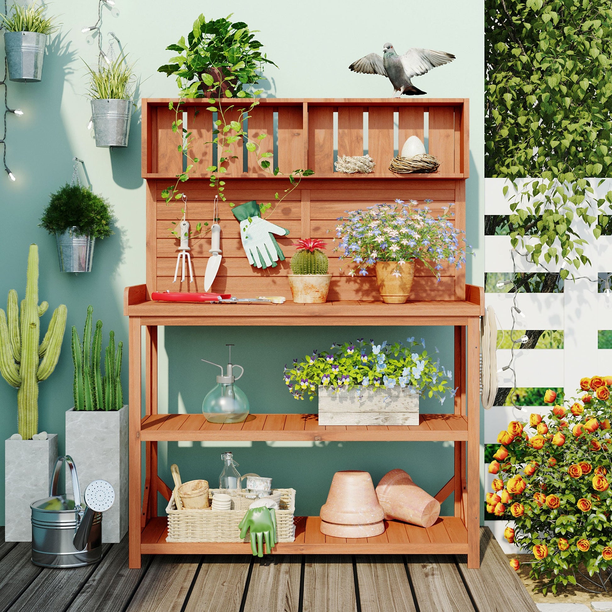 65" Large Wooden Farmhouse Rustic Outdoor Potting Bench Table Garden Potting Bench with 4 Storage Shelves and Side Hook,Natural - Korvel