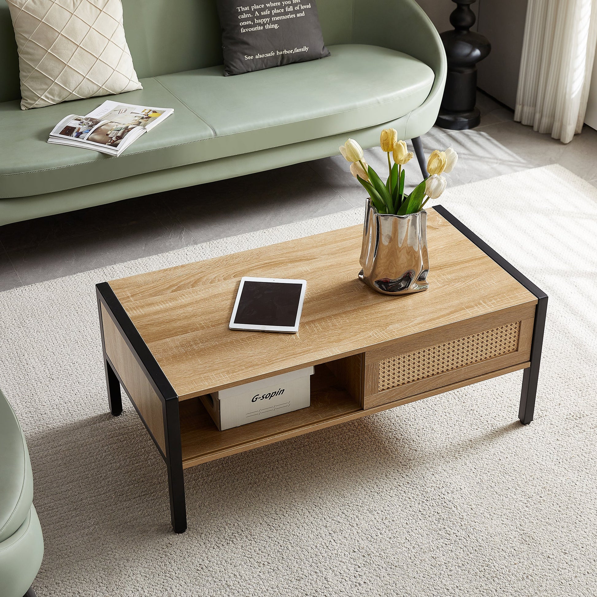 40.16" Rattan Coffee table, sliding door for storage, metal legs, Modern table for living room , natural - Korvel