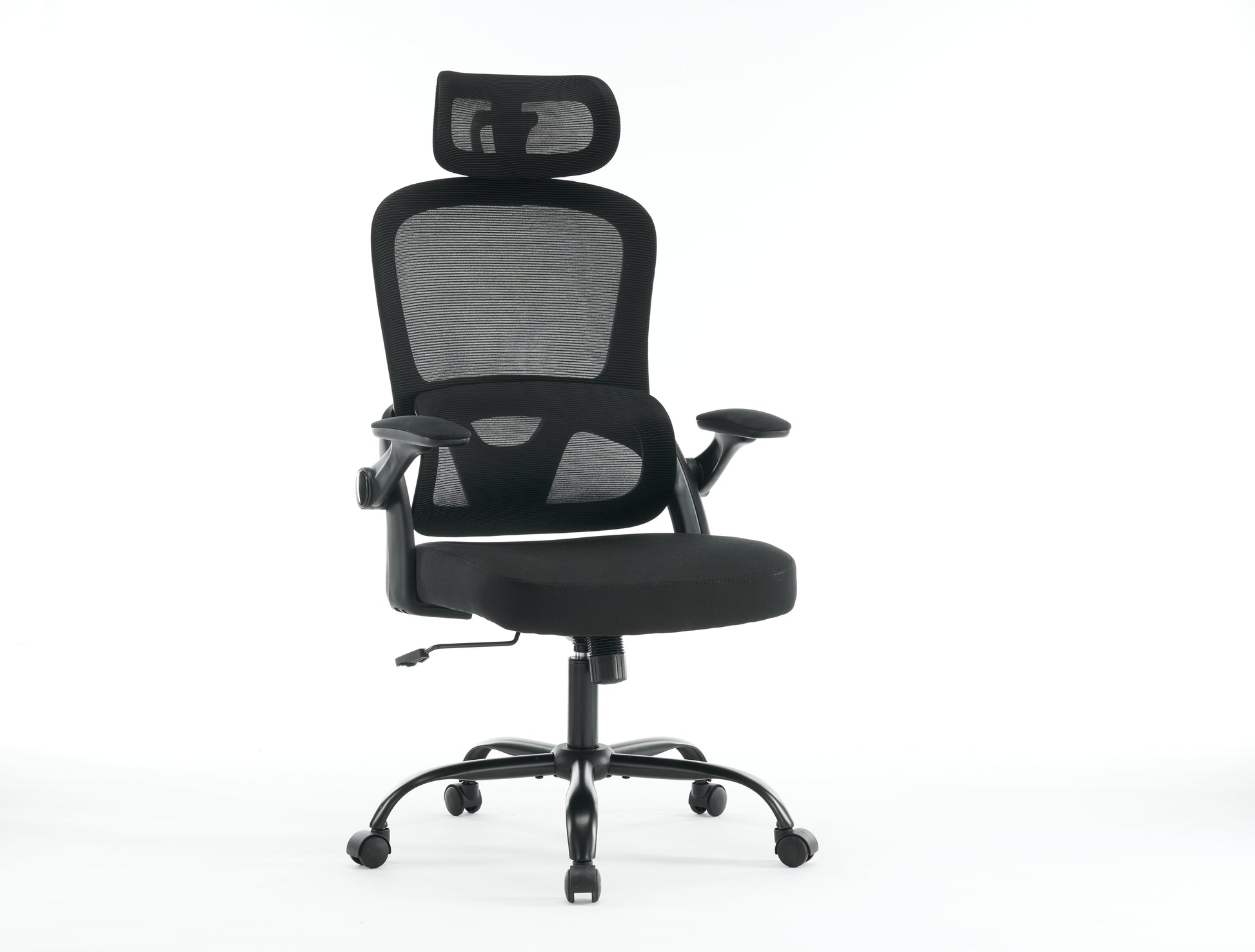 High backrest mesh office chair with 3D armrests, rotating computer task chair with adjustable 2D headrest, tilt function black - Korvel