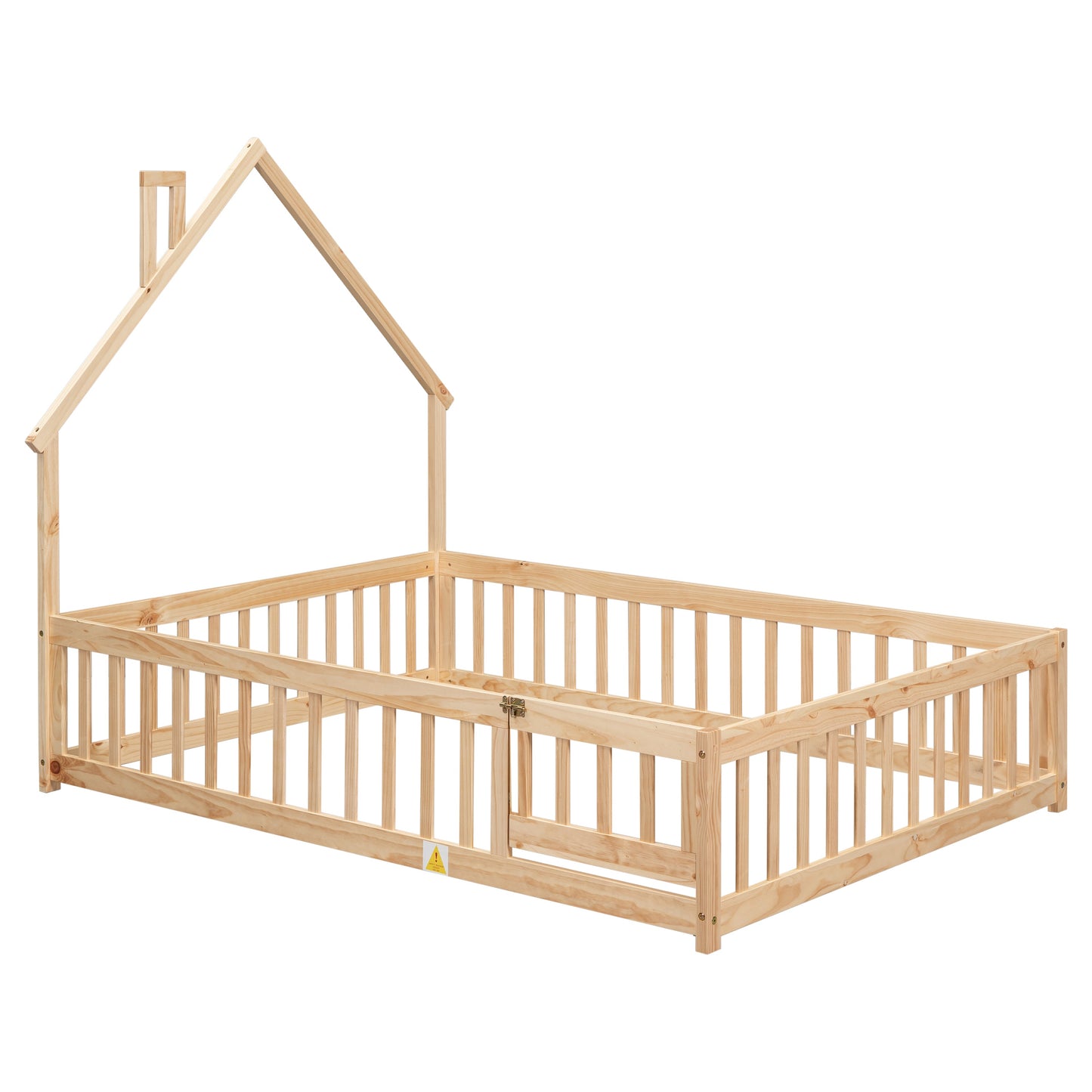 Full House-Shaped Headboard Floor Bed with Fence - Natural