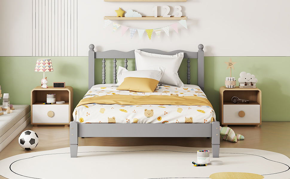 Twin Bed with Column-Decoration Headboard, with Bed Slats,Grey - Korvel