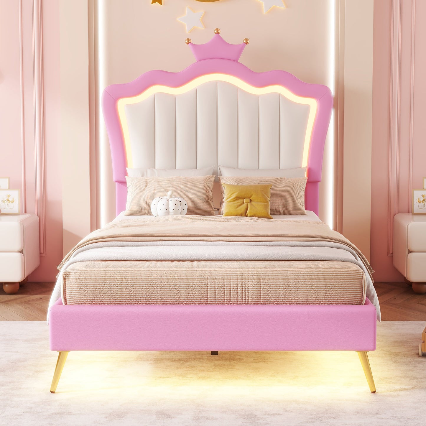 Twin Size Upholstered Bed Frame with LED Lights - Pink & White
