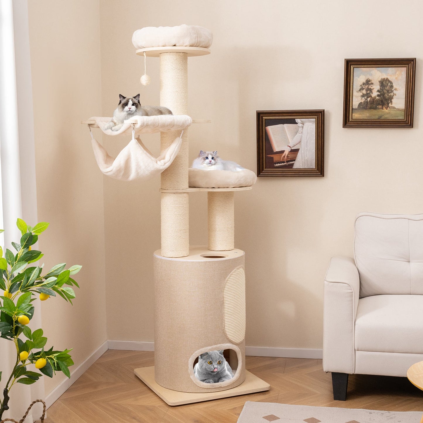 Tour en bois pour chat de 74 pouces avec condo à 2 étages et coussins lavables