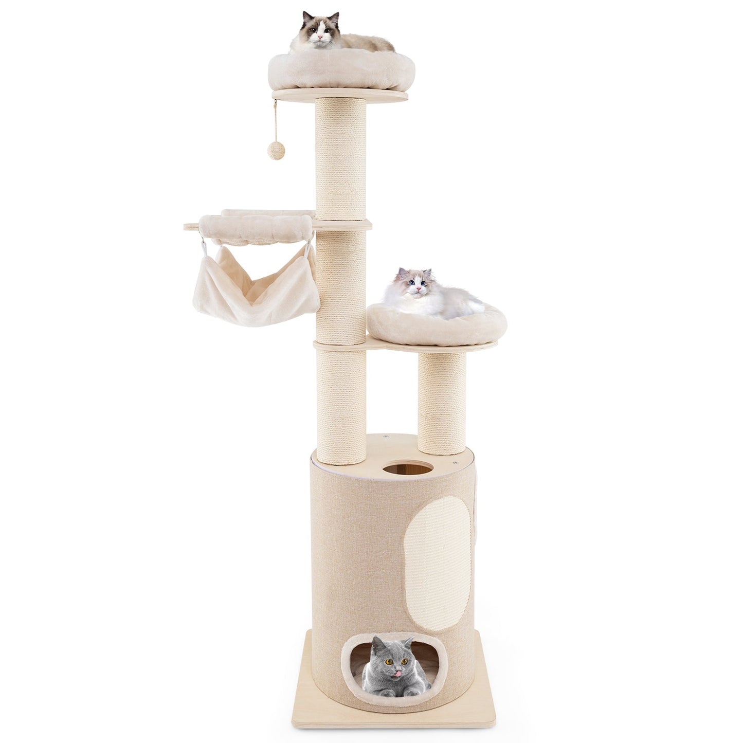 Tour en bois pour chat de 74 pouces avec condo à 2 étages et coussins lavables