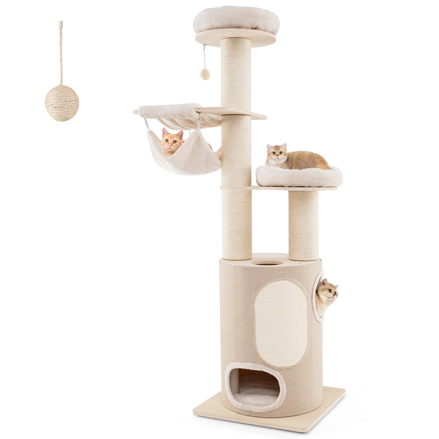 Tour en bois pour chat de 74 pouces avec condo à 2 étages et coussins lavables