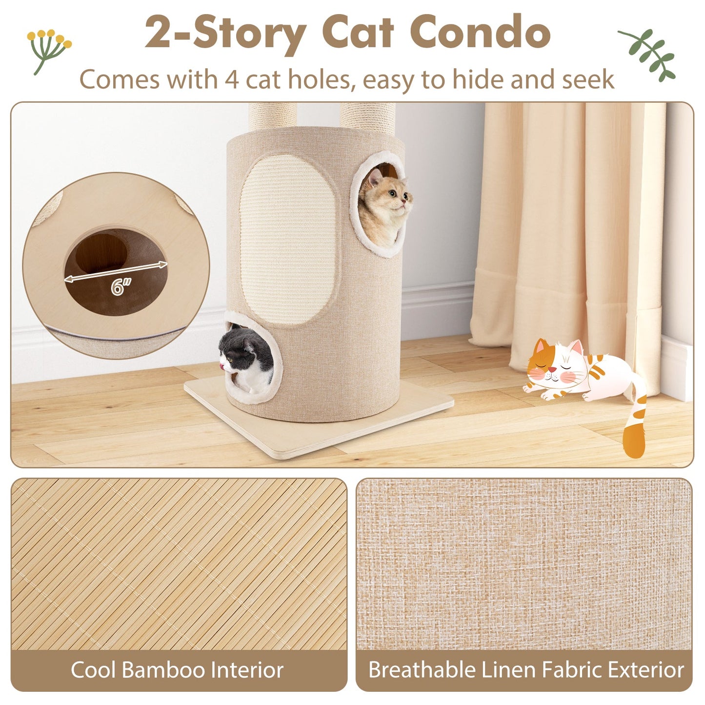 Tour en bois pour chat de 74 pouces avec condo à 2 étages et coussins lavables