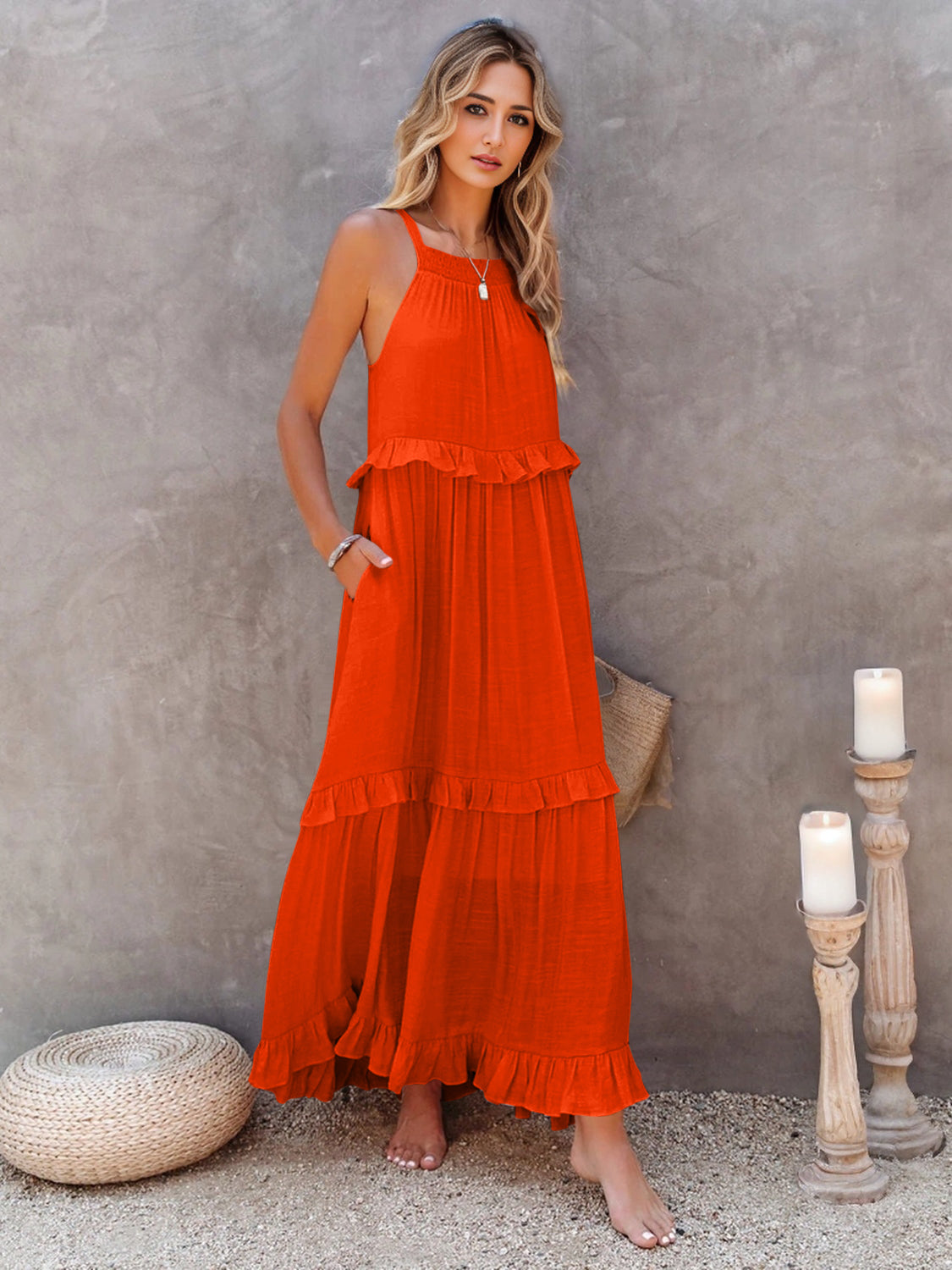 Elegant Ruffled Sleeveless Tiered Maxi Dress with Pockets