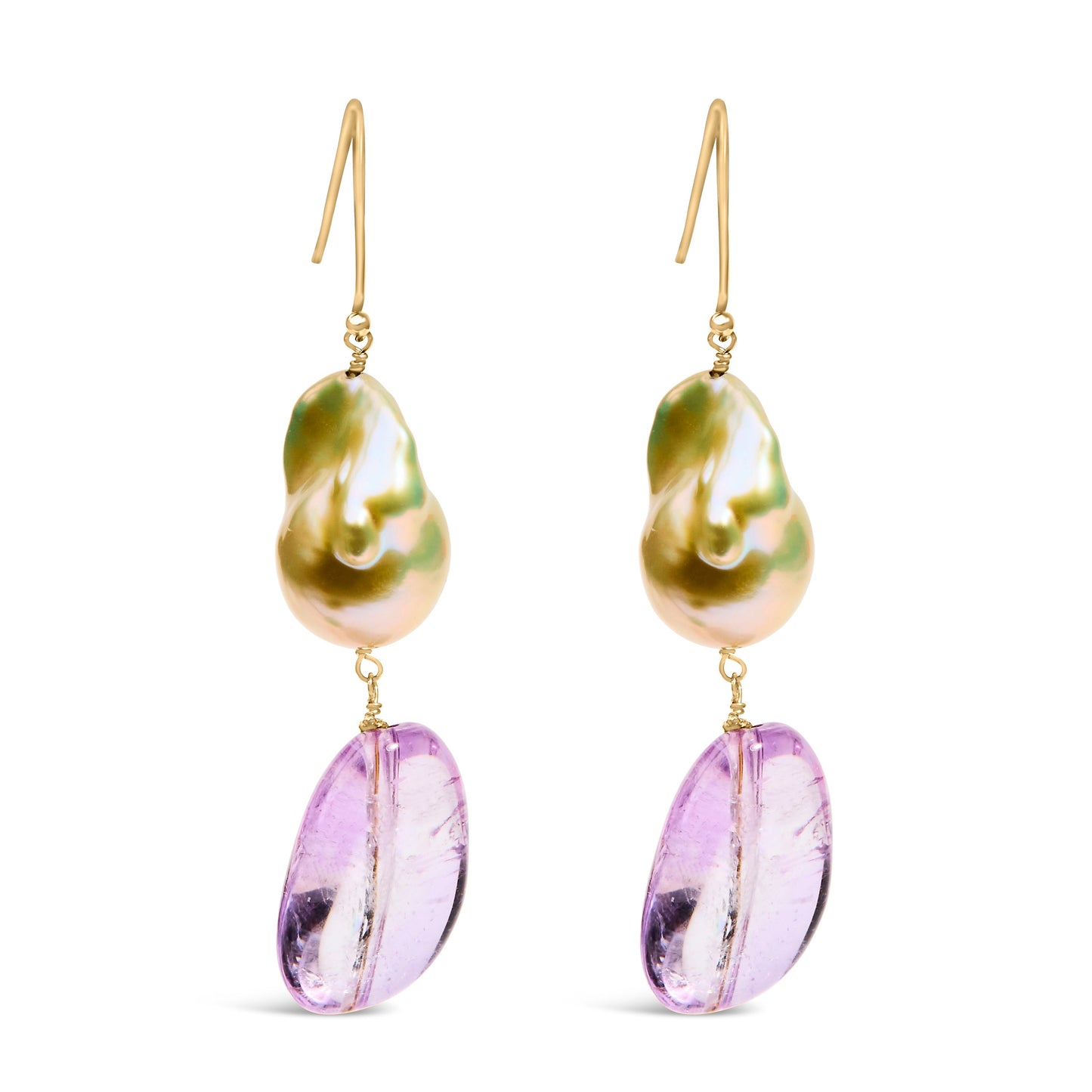 Pendientes Colgantes de Amatista y Perla Barroca en Oro Amarillo de 14K
