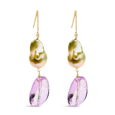 Pendientes Colgantes de Amatista y Perla Barroca en Oro Amarillo de 14K